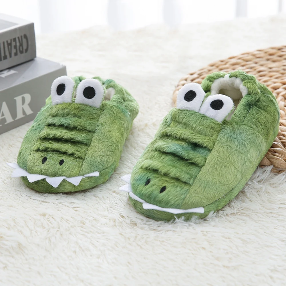 Toddler Boy Slippers Cartoon Crocodiles Plush Warm Shoe Kids Winter House Shoes Soft Rubber Sole Home Indoor Footwear Baby Items