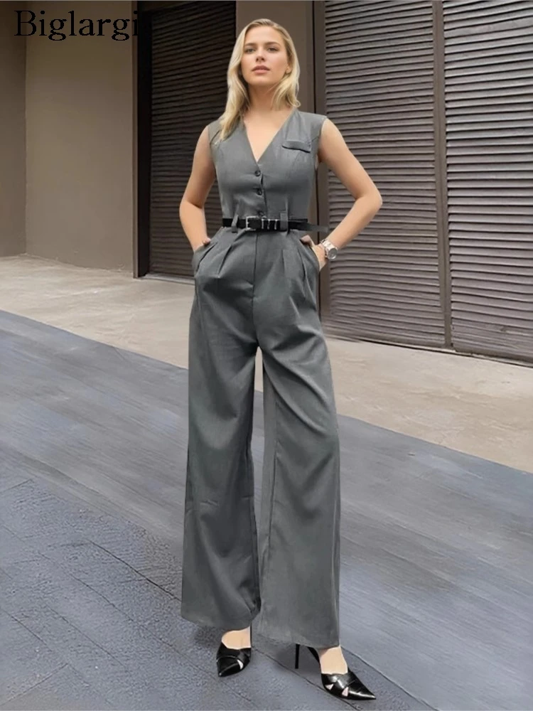 

Summer Sleeveless Jumpsuit Women High Waist Fashion Office Ladies Jumpsuits Loose Wide Leg Woman Jumpsuit