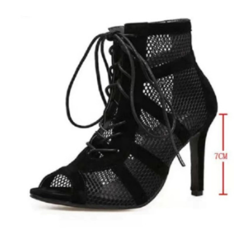 New Fashion Show Black Net Fabric Cross Strap Sexy High Heel Sandals Woman Shoes Pumps Lace-up Peep Toe Sandals Casual Mesh