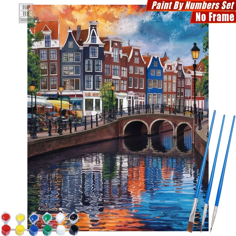 

Набор для цифровой живописи маслом «Амстердамские каналы на закате» — традиционные дома, закат, декор для дома, рождественский подарок для бабушки