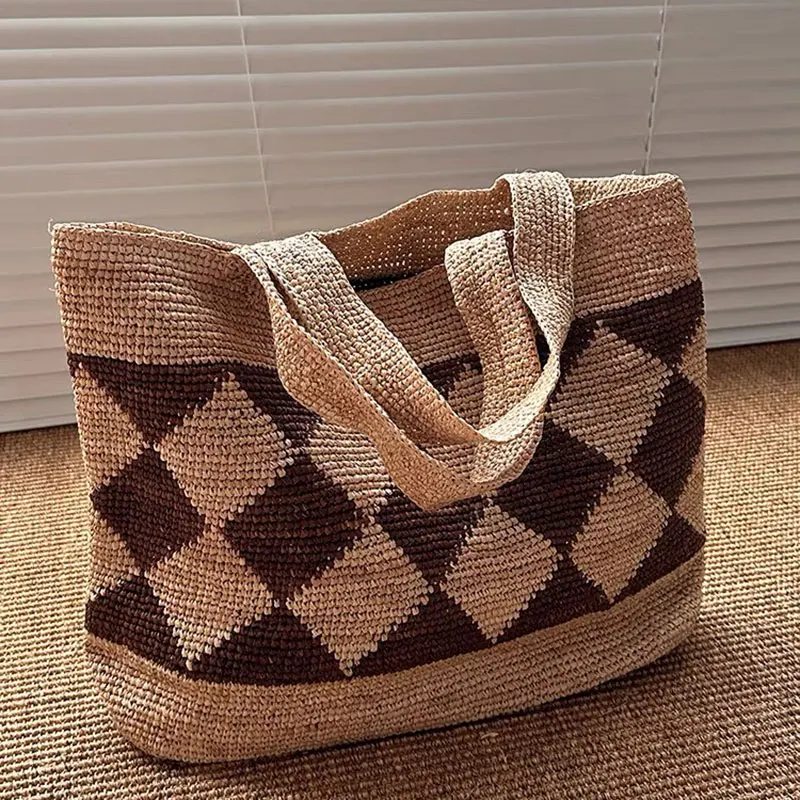 

French Retro Fashion Raffia Grass Tote Bag Women's Beach Vacation Handbag Summer Ladies Casual Bag Luxury Designer Handbag