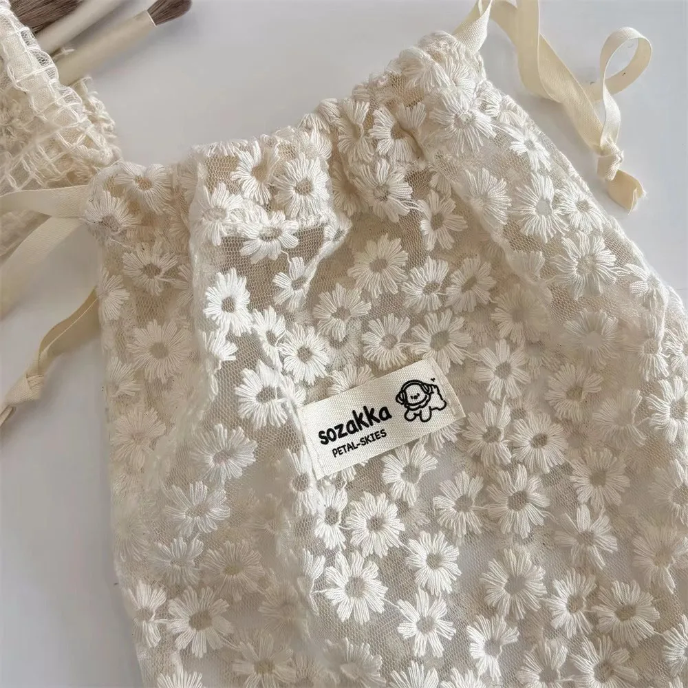 Lace Embroidered Daisy Mesh Drawstring Makeup Bag Summer Travel Toiletry Underwear Socks Organizer Storage Pouch for Accessories view 5