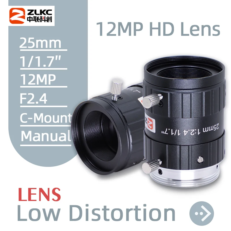 ZLKC FA Lens 12MP High Resolution 25mm Macro 1/1.7 Inch Lenses CCTV Parts for C Mount Camera Low Distortion Machine Vision F2.4