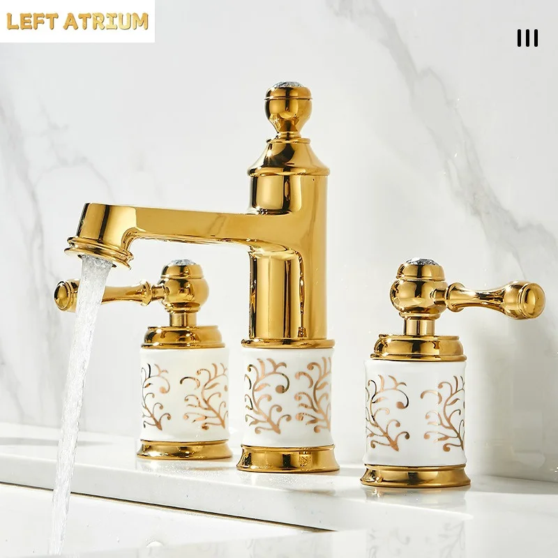Retro-Style, Luxury-Inspired Gold Three-Hole Basin Tap with Separate Hot and Cold Water Handles