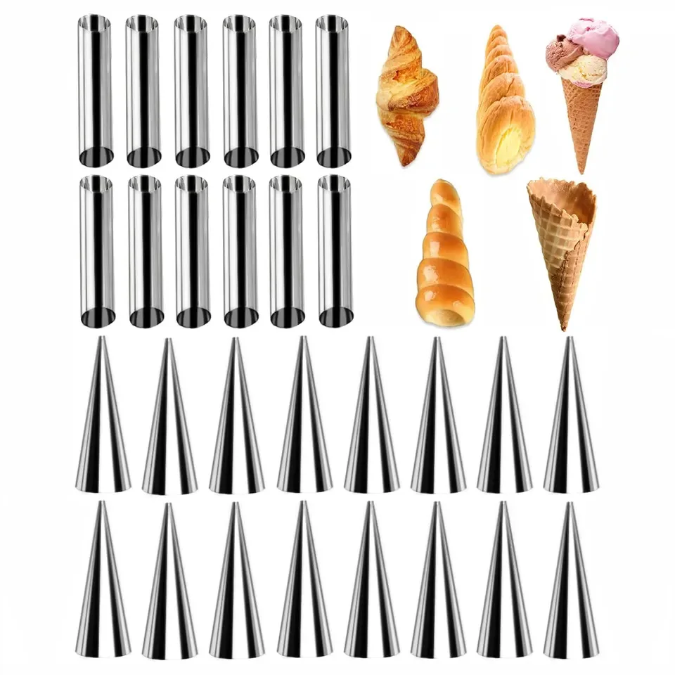 

New Tools 2023 Non-stick Stainless Steel Baking Cones Danish Pastry Roll Forms Croissant Cream Horn Mold Cannoli Tubes