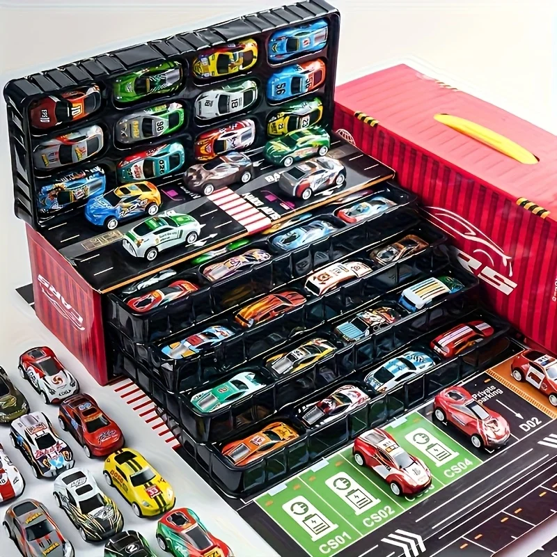 Large Size 48 Pcs Cars Toy Set With 4-Layer Storage Box Random Color & Style Vehicle Playset Gift For Boys Over 3 Years Old
