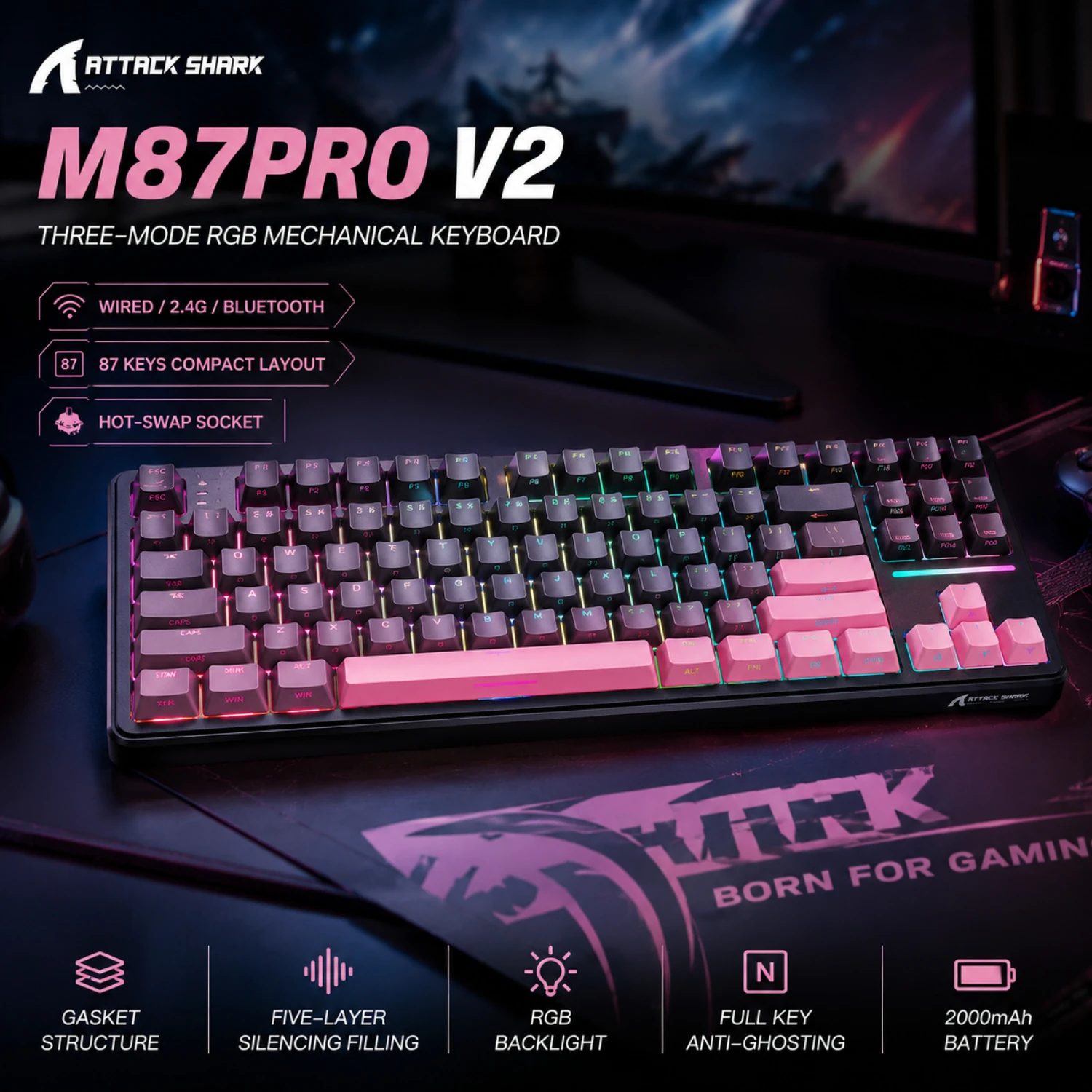 ATTACK SHARK X87 Tri-Mode Wireless Gaming Keyboard | 87-Key TKL, Gasket Mount, Hot-Swappable, PBT Keycaps & RGB