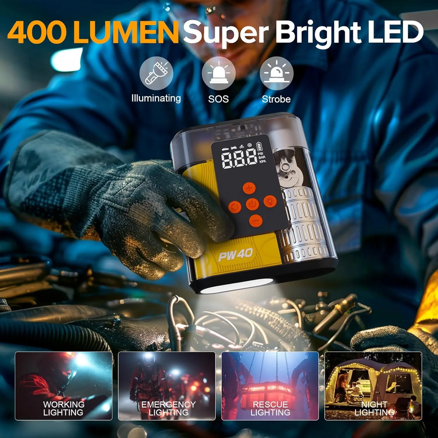 Стартер с воздушным компрессором, пиковая мощность 4000 А, накачиватель мощностью 200 фунтов на квадратный дюйм, светодиодная подсветка, USB-порты, аварийный комплект для газовых двигателей до 9,0 л.