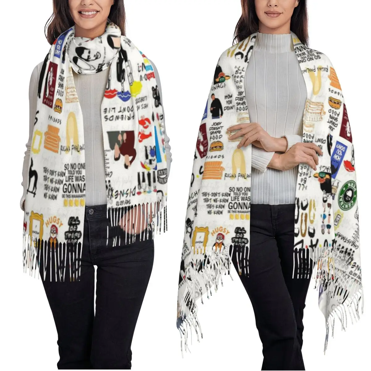 빈티지 프렌즈 TV 쇼 심볼 콜라주 스카프 태슬 스카프 여성용 부드럽고 따뜻한 숄 및 랩 롱 가을 겨울 숄 랩