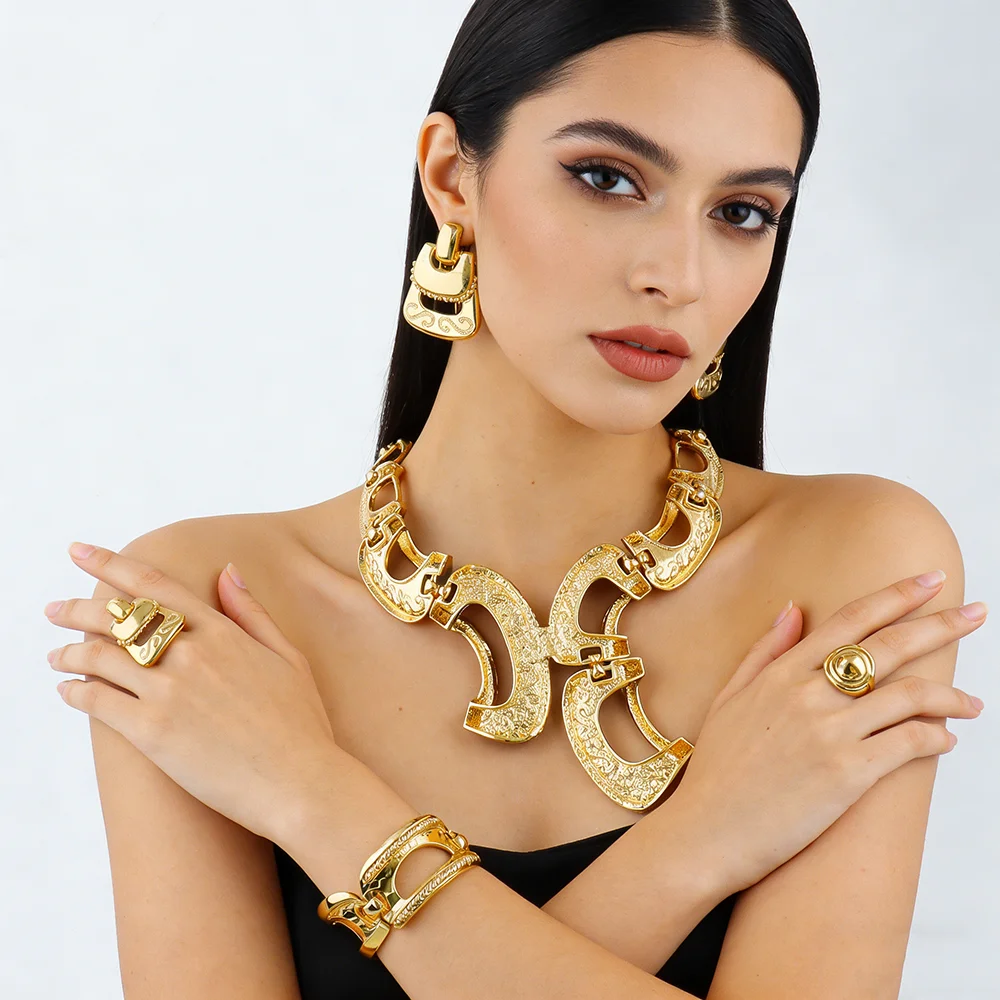 Neues Extravagantes Schmuckset Dubai Goldfarben Große Halskette Ohrringe Armband Ring Sets Brautschmuck 24k Vergoldeter Schmuck Geschenke – Detail 2