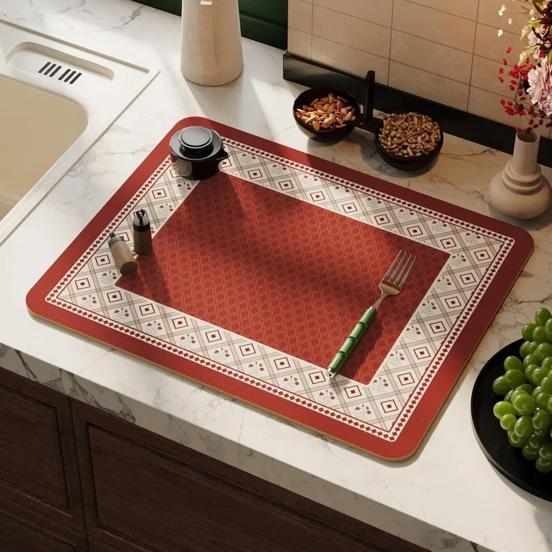 Retro Red Checkered Kitchen Drying Mat Non-Slip Heat Resistant Countertop Pad Modern Home Decor Sink Mat for Tableware