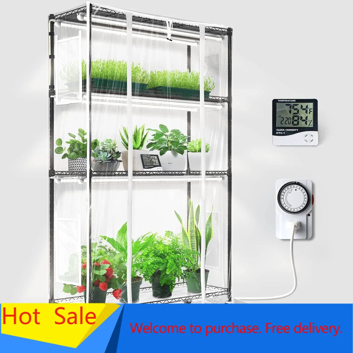 

CX5Z Indoor Greenhouse with Grow Light, 6PCS 30W per Light Full Spectrum T8 Plant Lights, 4-Tier Portable Metal Plant Stand Tent