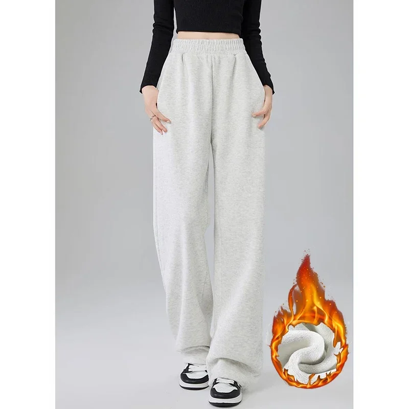 2026 Winter Lady Snow Warm Fleece Joggers Girls Solid Baggy Plush Trousers Women Fashion High Waist Thermal Velvet Pants