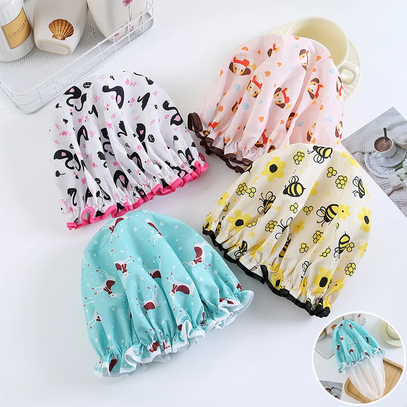 

Flower Pattern Double Layer Shower Cap Waterproof Reusable Printed Bath Hair Bonnet For Women Ladies Spa Salon Home Travel Use