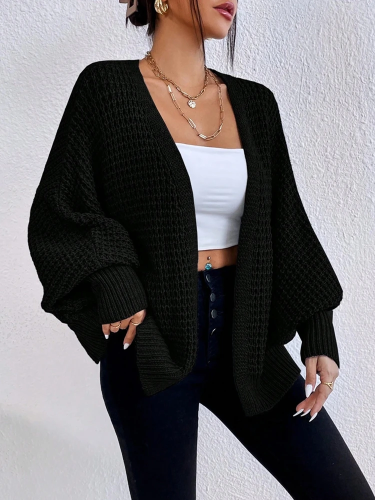 

Cardigan sweater women's top fashionable and elegant solid color knit sweater V-neck mid length hollow out