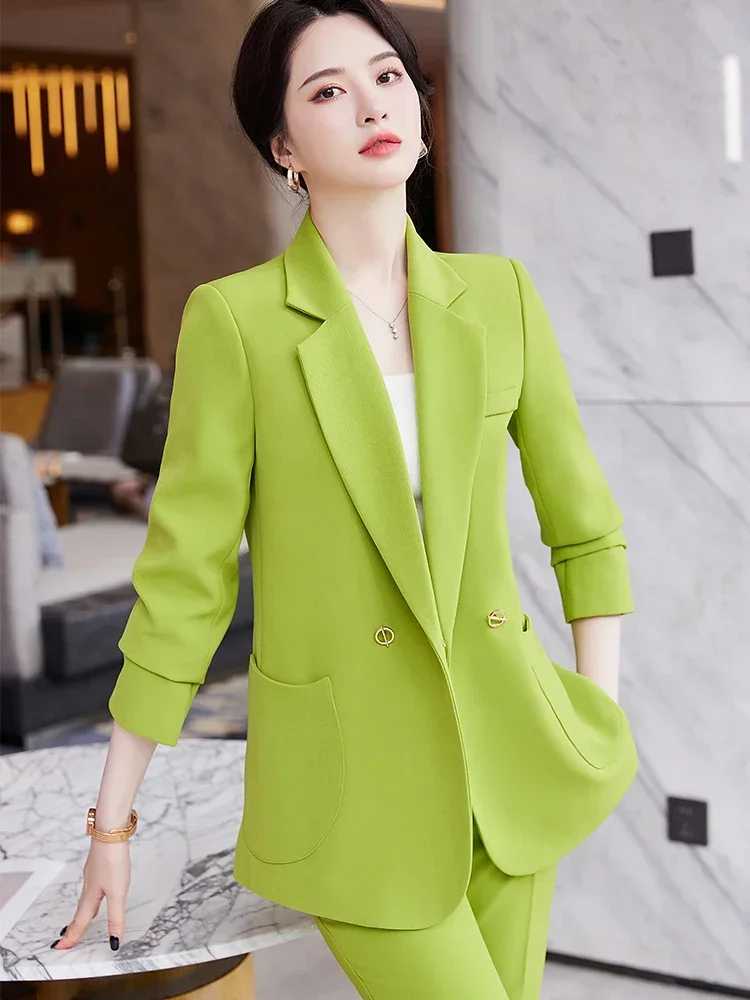 Pink Green Black Women Jacket and Pant Suit Blazer Female Office Lady Business Work Wear Formal 2 Piece Set With Pocket