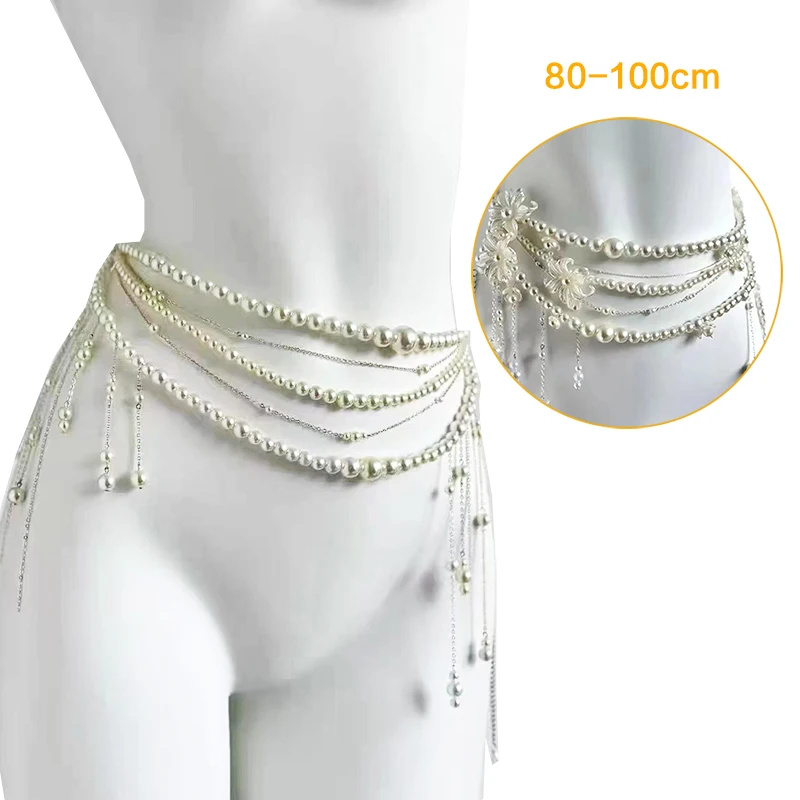 

Сексуальная поясная цепочка с геометрическим жемчугом для женщин, двухслойная цепочка с цветочной кисточкой и бусинами, уличная одежда, летняя мода, украшения для тела