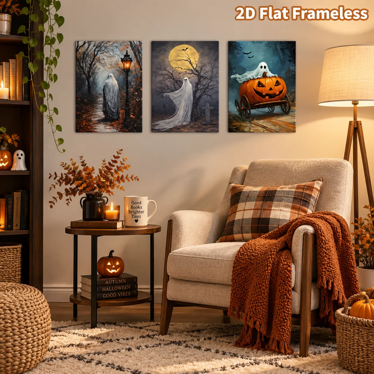 Three paintings of forests surrounded by lantern paths and graveyards, suitable as gifts, bedroom, or room wall decor in 2D flat