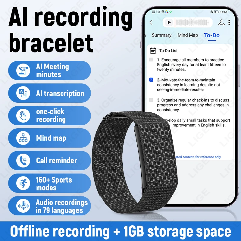 Pulseira Inteligente com 1GB de Memória, 79 Idiomas, Gravação AI, Redução de Ruído, Monitor de Frequência Cardíaca, 160+ Modos, À Prova d'Água IP67, P