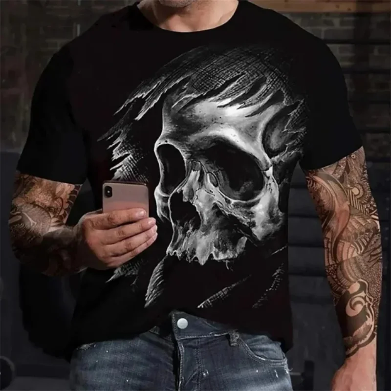 Summer New T-Shirt For Men Round-Neck T Shirt 3D Skull Graphic Printed Tee Short Sleeve Fashion Casual Loose Men's Clothing Tops