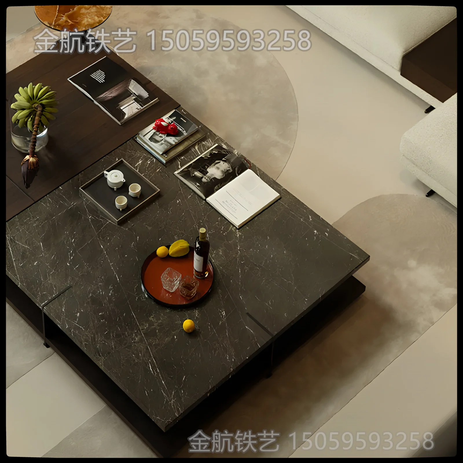 Meja kopi minimalis Italia abad pertengahan kombinasi persegi lempengan batu marmer kayu solid kesederhanaan modern rasa canggih