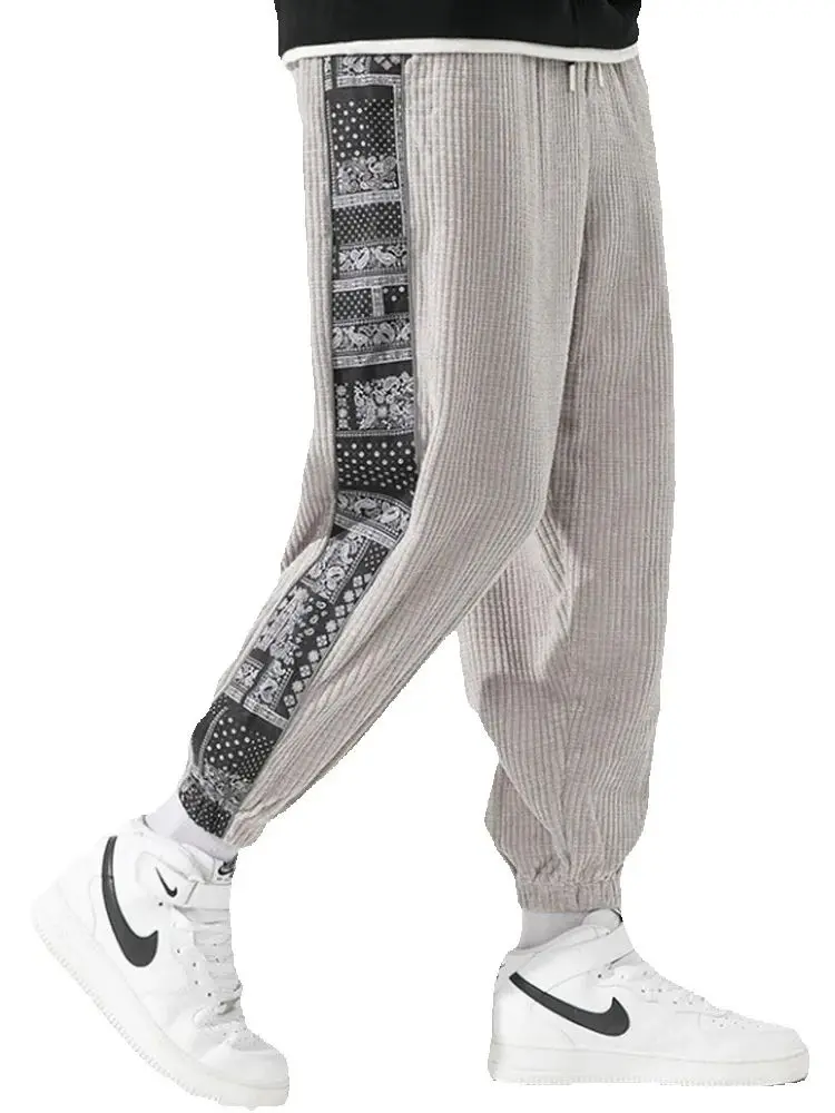 メンズプラスサイズコーデュロイハーレムパンツ カシューフラワーパッチワーク和風カジュアルゴムウエストスポーツパンツ