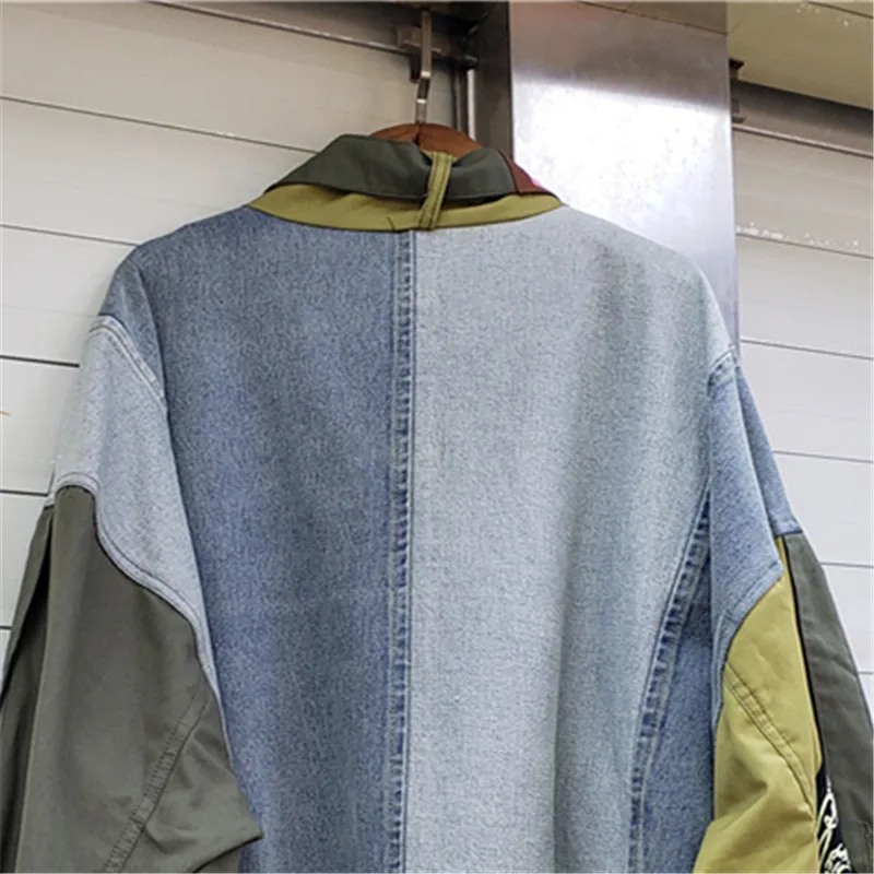 Army Green Print Jeans Splice Jacket Women Outerwear Streetwear Autumn Loose Short Big Pocket Long Sleeve Denim Jacket Female
