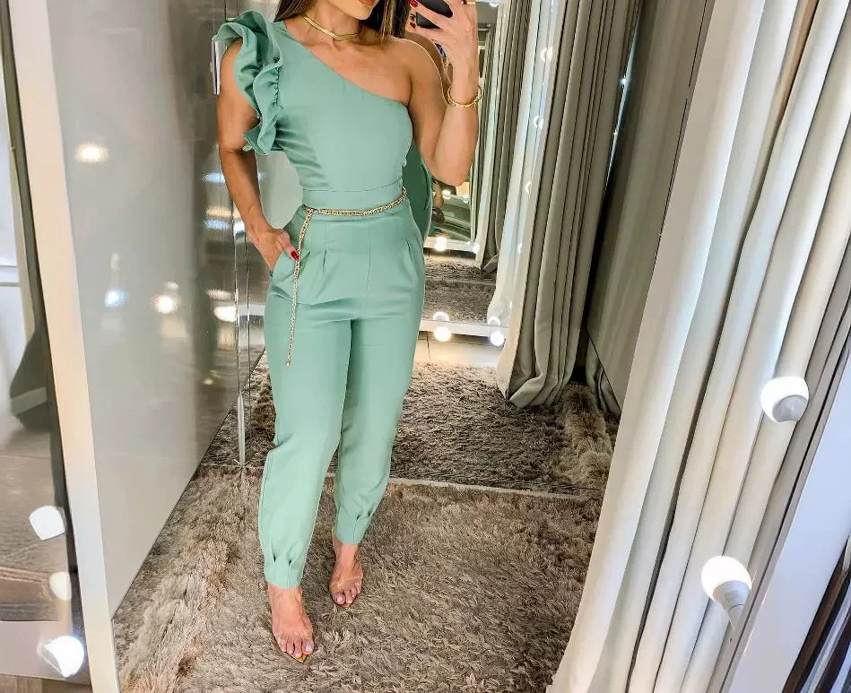 

One Shoulder Jump suits for Women 2024 Summer Fashion Ruffles Sleeveless Casual Pocket Design Daily Cuffed Jumpsuit Without Belt
