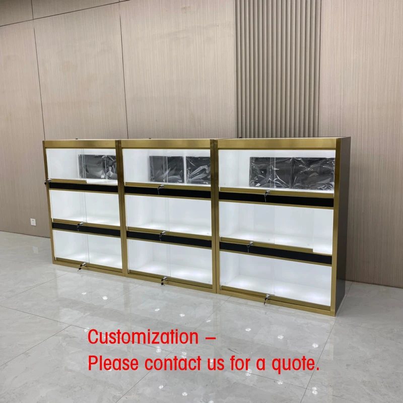 custom.Multi-layer Glass Display Cabinet LED Light Stainless Steel Plated Frame Storage Wall Jewelry/Cultural Shopping