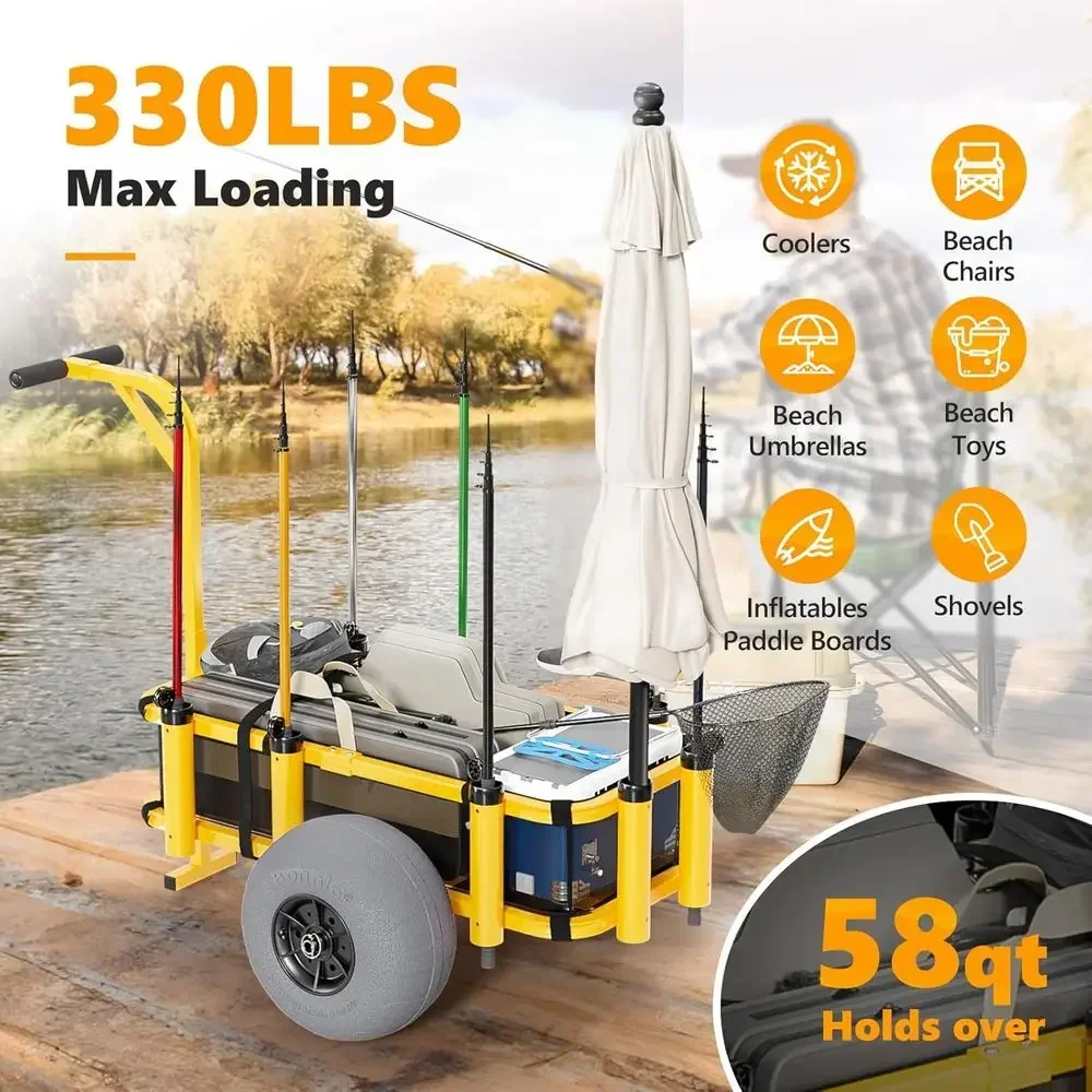 Beach Trolley with 13 Balloon Wheels, Sand-Friendly, 300 lbs Capacity, 8 Fishing Rod Holders, Mesh Bag, Hand Pump