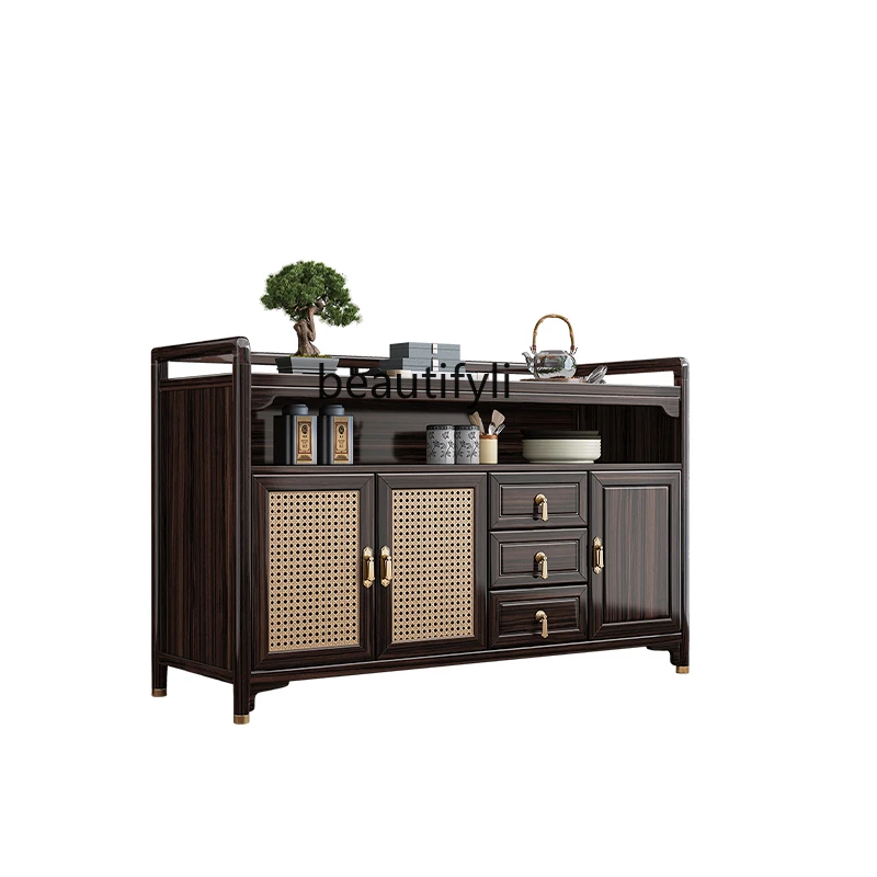 

New Chinese Style Solid Wood Sideboard Kitchen Locker Integrated Ugyen Wood Light Luxury Small Apartment Rattan Storage Cabinet