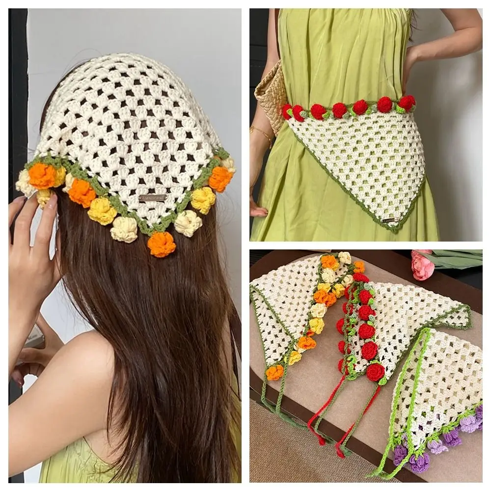

Elegant Hair Band Knitted Headband Floral Bohemian Women Hair Scarf Beach Headwear Ethnic Style Crochet Bandana Travel