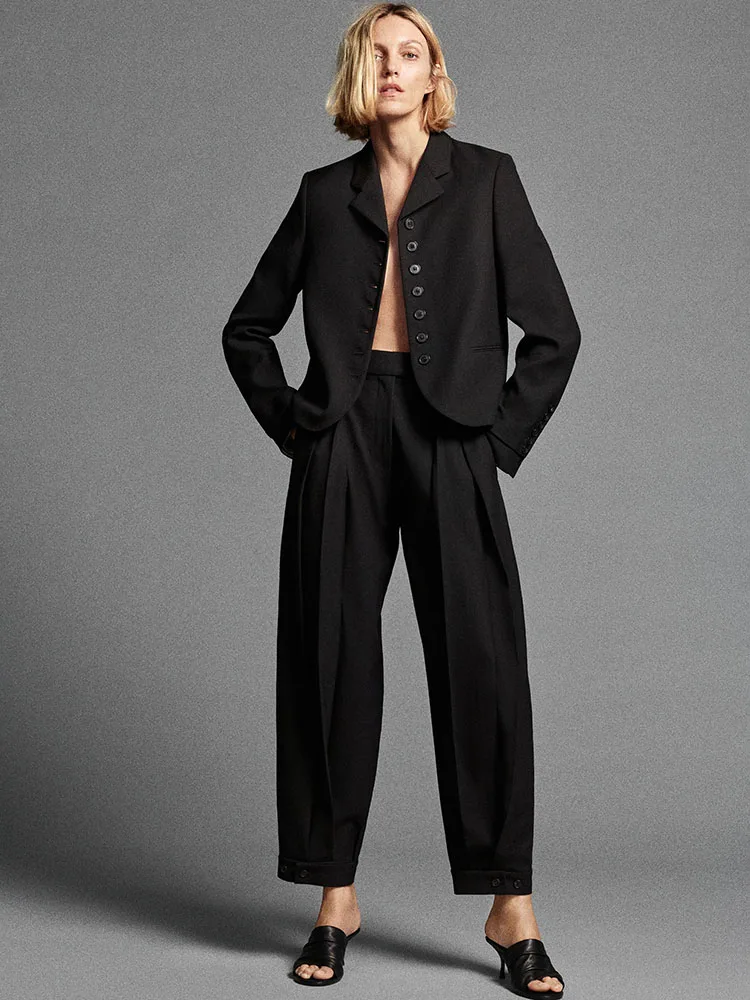 Autumn 2026 Women's Long Sleeve Notch Collar Button Decorated Suit Jacket Pleated Wide Leg Pants Standard Fit Commute Style