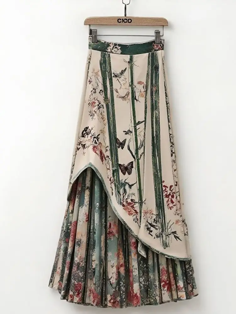 

Retro foreign bamboo leaf printing skirt women's clothing 2025 summer new irregular splicing high waist age-reducing skirt