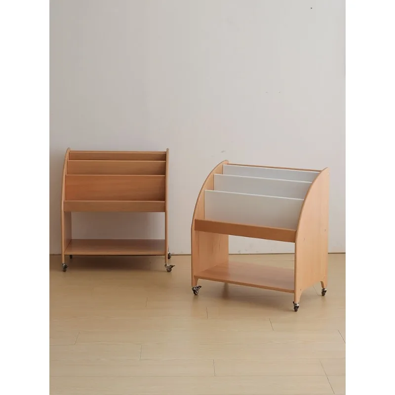 Solid wood beech mobile bookcase, trolley shelf, multi-functional storage bookshelf picture book rack