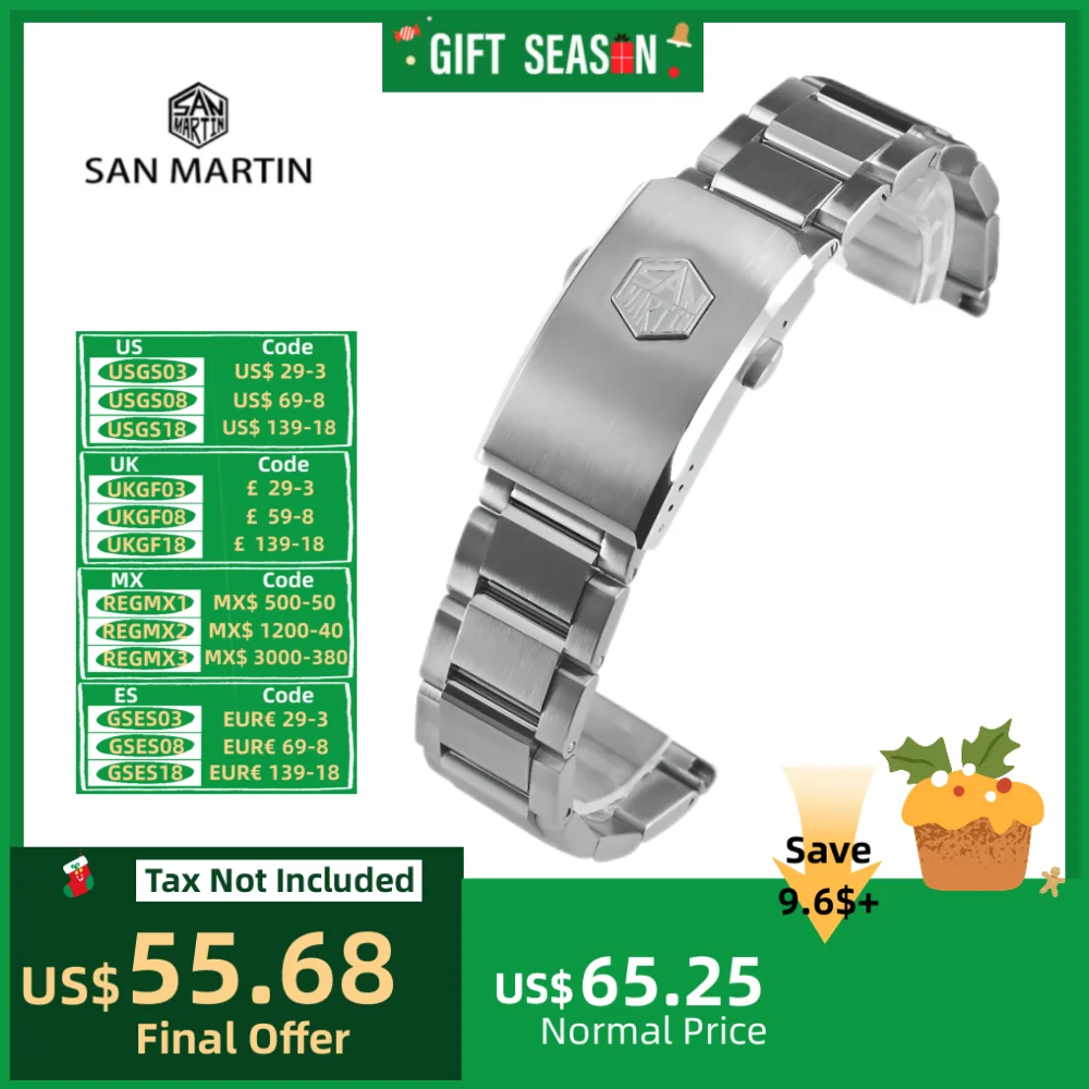 San Martin Watchbands Oyster 20mm 22mm Straigth End Links Bracelet Solid 316L Stainless Steel 3-Link Universal Waterproof BD0007