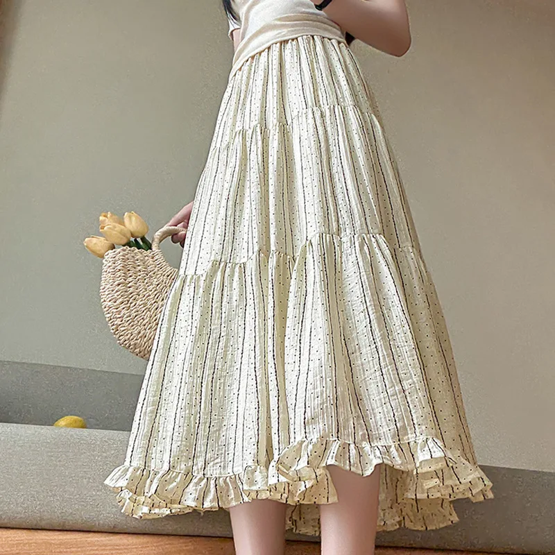 Women's 2026 New Medium and Long Ruffle Edge Striped Polka Dot Pleated Skirt High Waist Chiffon A Word Big Swing Skirt
