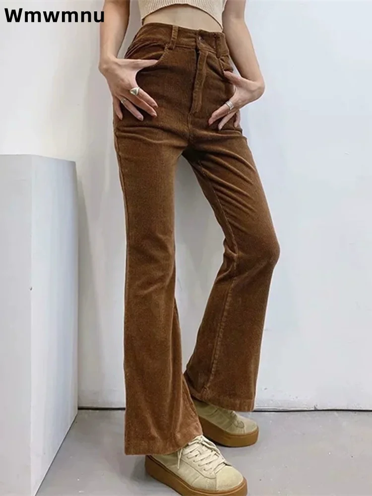 กางเกงขายาวทรงบูทคัทเอวสูงผ้าลูกฟูกสไตล์วินเทจสำหรับผู้หญิง กางเกงลำลองทรงขากว้างตรงสไตล์เกาหลีแฟชั่น