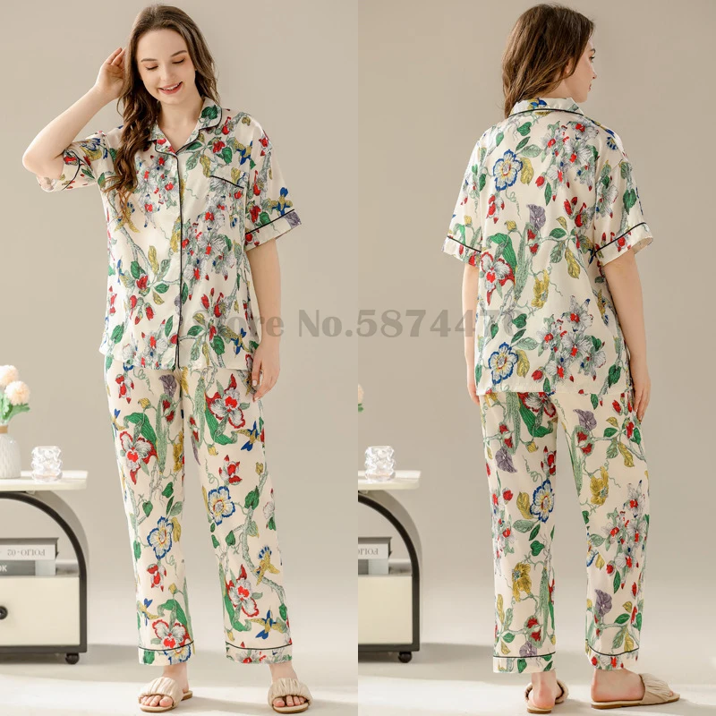 Sexy Short Sleeve Pajamas Set Shirt&Pant 2PCS Sleepwear Summer Printed Sleepwear Intimate Lingerie Loose Satin Home Clothes