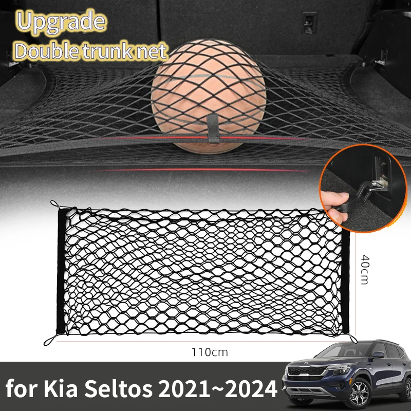 For Kia Seltos 2021 2022 2023 2024 SP2 KX3 Accessories Boot Trunk Net Elastic Upgraded Double Storage Organizer Sticker Parts