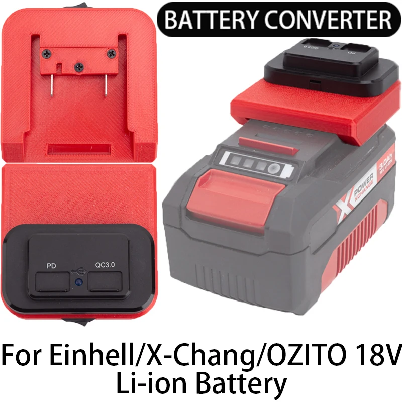 Adapter for Einhell/X-Chang/OZITO 18V Li-ion battery adapter converts to mobile phone power bank with USB and Type-c ports