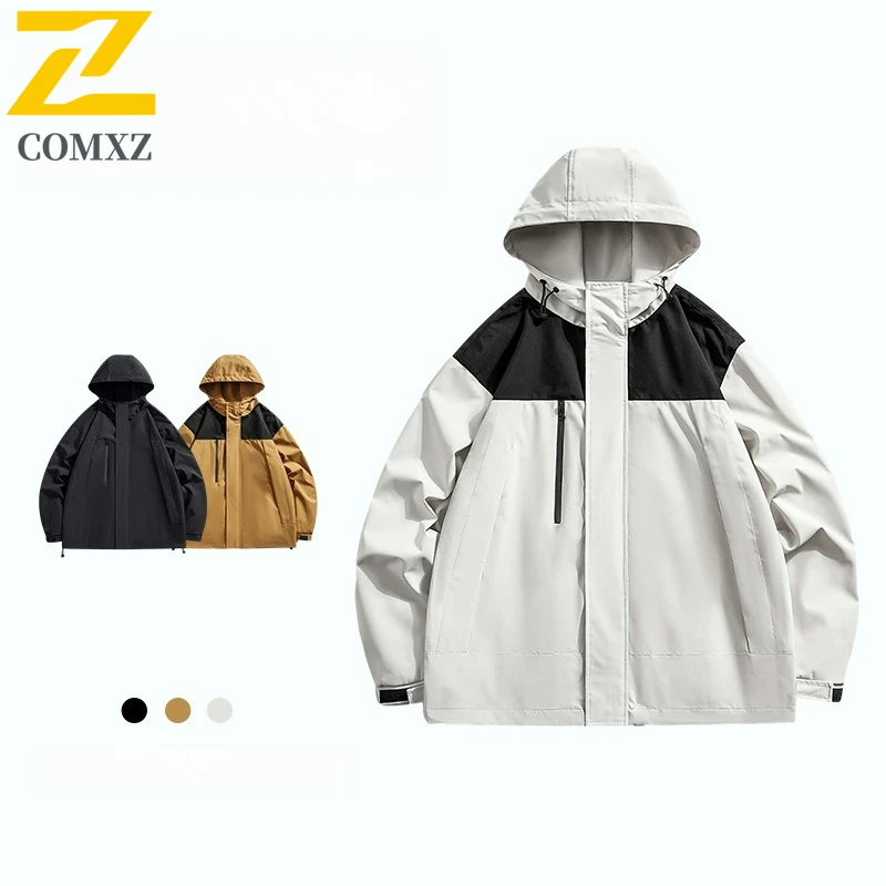 

Men's 2025 New Jacket Trendy Hooded Color Block Waterproof Rush Coat Outdoors Camping Adventure Lightweight Windproof Outerwear