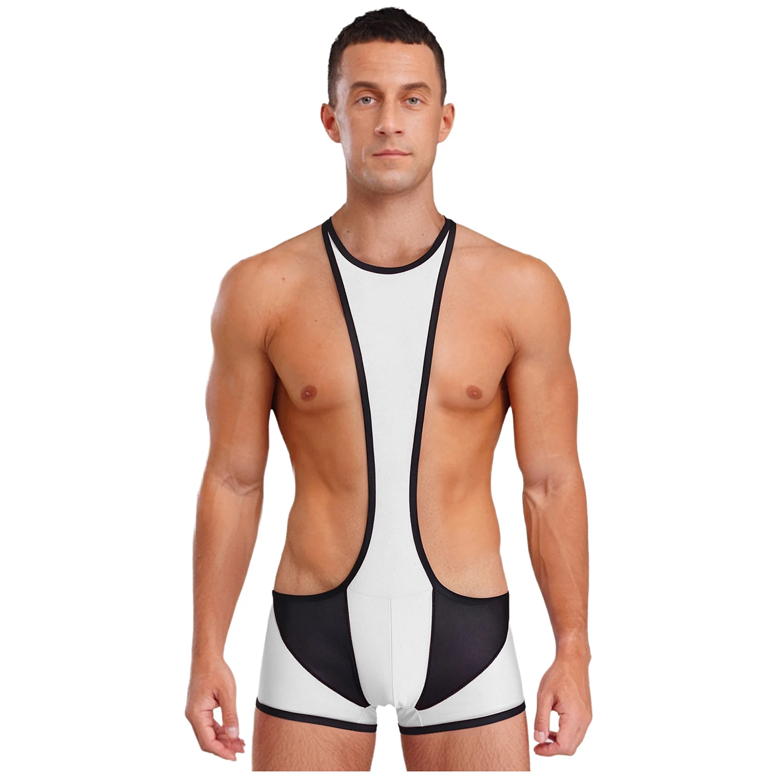 

Men's Wrestling Singlet Bodybuilding Bodysuit Mesh And Glossy Patchwork Sling Leotard One-piece Bathing Suit Workout Wear