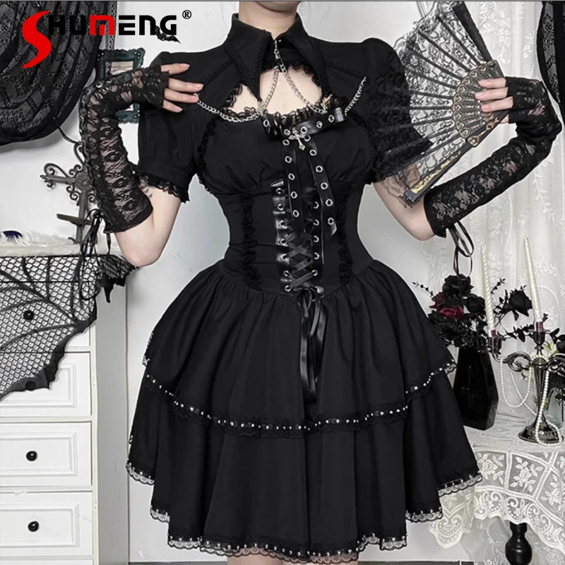 

New Japanese Rojita Black Short-sleeved Blouse Soft Girl Style Y2k Dark Black Style Short Top High-waisted Slimming Dress Female