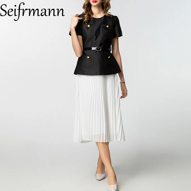 

Seifrmann Fashion New Women Suit Short Sleeve Button Sashes Tops+Loose Pleated Skirt Two-piece set Spring Summer 2025 New