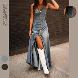 Europe and The United States Retro Wash Do Old Denim Halter Slim Single-breasted Big Swing Dress for Women's Summer Vestidos