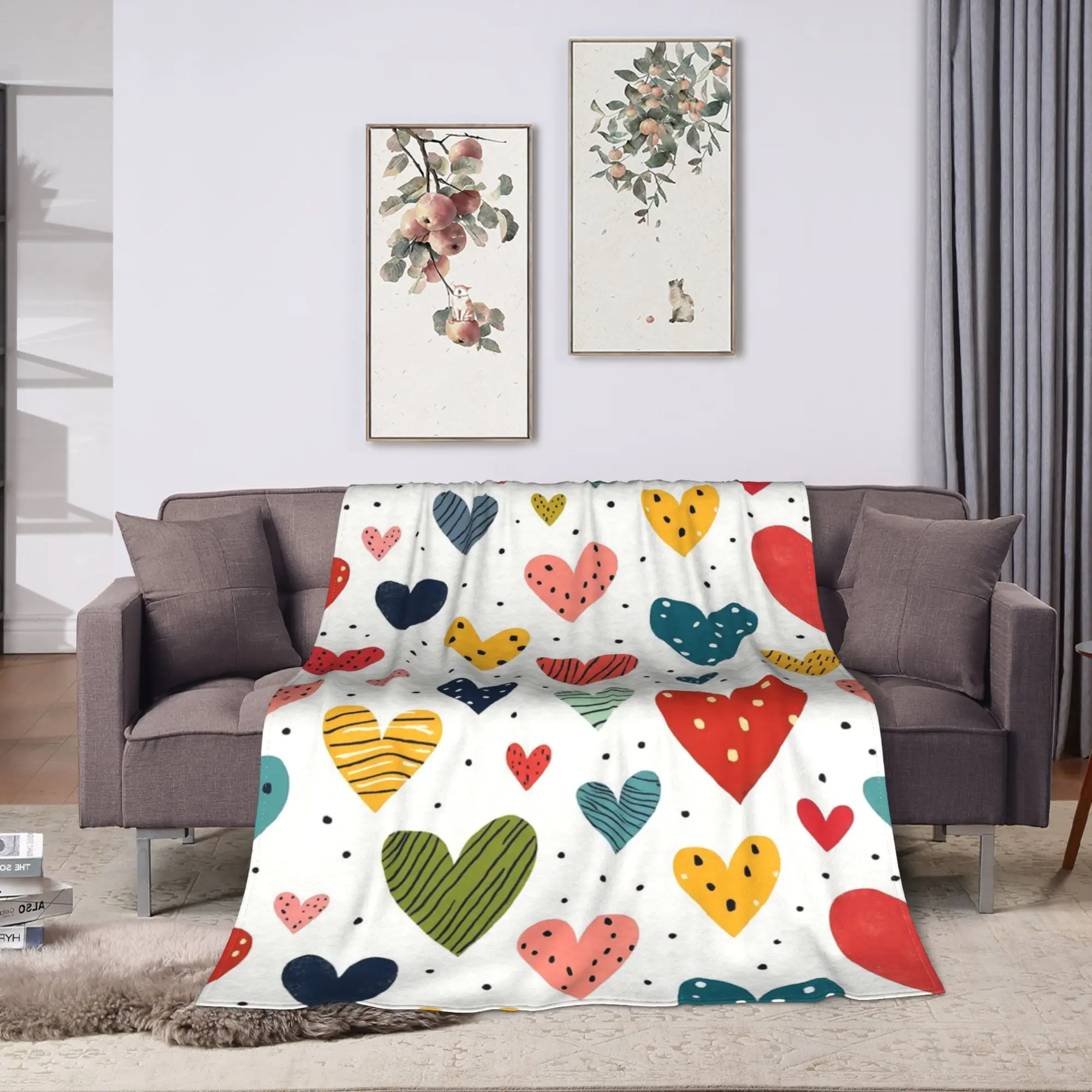 Warm Cozy Blanket Travel Multicolor Hand Drawn Heart Throw Blanket Trend  Bedspread For Living Room