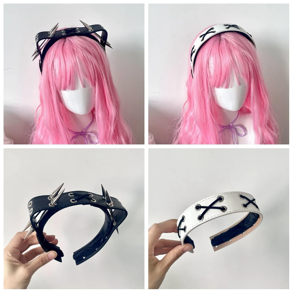 Aro de cabelo de couro para mulheres, Y2K Lolita Punk, rebites, bandana KC, Harajuku, gótico, senhoras, Hip Hop, Punk, Hairbands, acessórios para cabelo