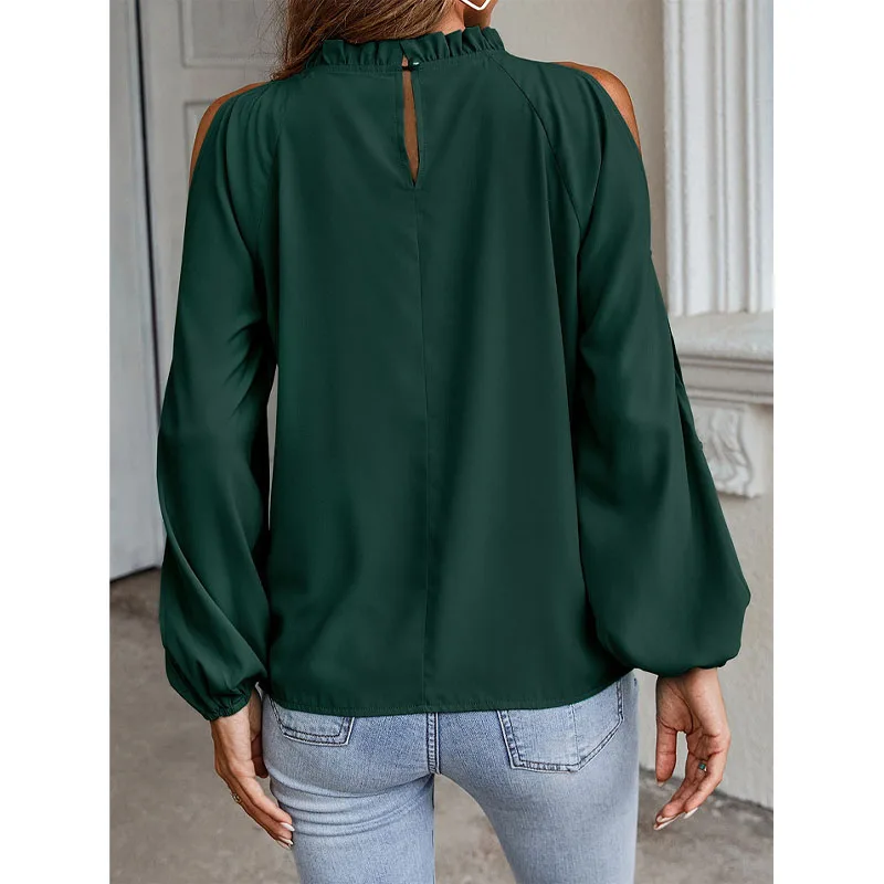 Women\'s Clothing Ruffled Neck Off Shoulder Tops Autumn Winter New Office Lady Long Sleeve Stylish Commute Solid Color T-shirt