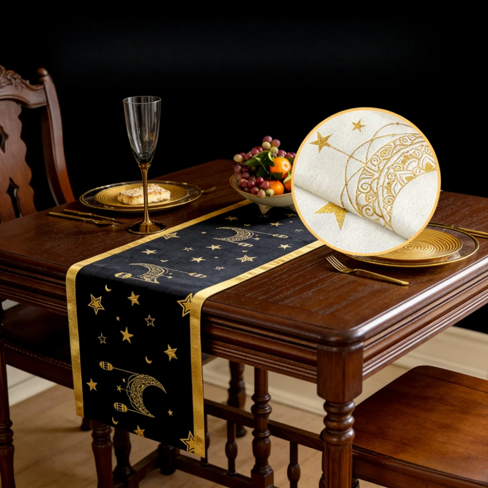 Exquisite Festive Bronzing Flannel Table Runner Middle East New Design Flag of Table Long Decorative Cloth for Party Home Decor